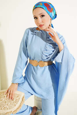 Büzgülü Omuz Pelerinli İkili Takım Mavi - Thumbnail