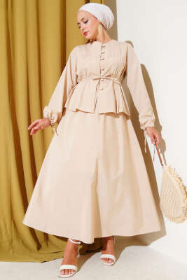 Pazarium - Brit Düğmeli İkili Etek Takımı Bej