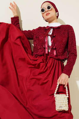 Pazarium - Dantelli Fiyonk Bağcıklı Etekli İkili Takım Bordo