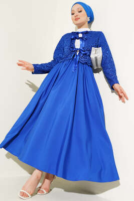 Pazarium - Dantelli Fiyonk Bağcıklı Etekli İkili Takım Saks