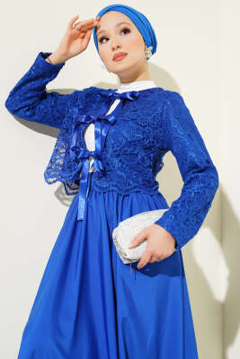 Dantelli Fiyonk Bağcıklı Etekli İkili Takım Saks - Thumbnail