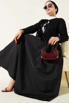 Pazarium - Dantelli Fiyonk Bağcıklı Etekli İkili Takım Siyah