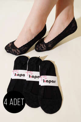 Pazarium - Bayan 4'lü Dantelli Babet Çorap Siyah