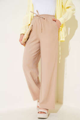 Pazarium - Bel Lastikli Tencel Pantolon Latte