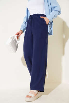 Pazarium - Bel Lastikli Tencel Pantolon Lacivert