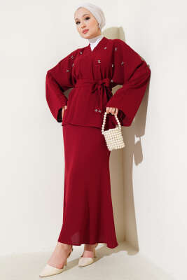 Pazarium - İnci Taşlı Süslemeli Etekli İkili Takım Bordo