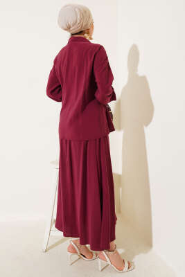 Yanı İp Bağlamalı Etekli İkili Takım Bordo - Thumbnail