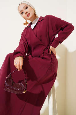 Yanı İp Bağlamalı Etekli İkili Takım Bordo - Thumbnail