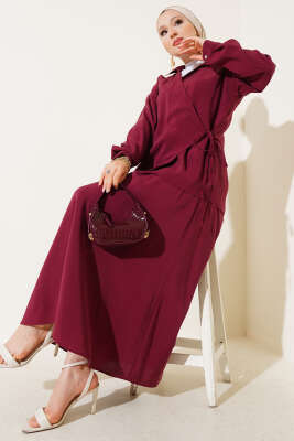 Yanı İp Bağlamalı Etekli İkili Takım Bordo - Thumbnail