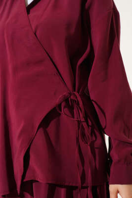 Yanı İp Bağlamalı Etekli İkili Takım Bordo - Thumbnail