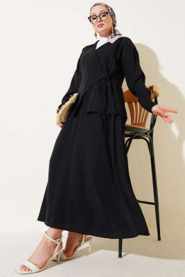 Pazarium - Yanı İp Bağlamalı Etekli İkili Takım Siyah