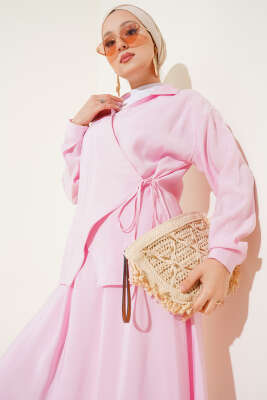 Yanı İp Bağlamalı Etekli İkili Takım Pembe - Thumbnail