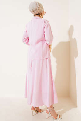 Yanı İp Bağlamalı Etekli İkili Takım Pembe - Thumbnail