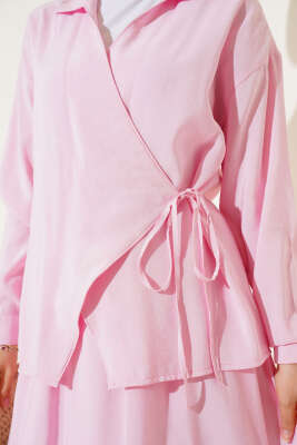 Yanı İp Bağlamalı Etekli İkili Takım Pembe - Thumbnail