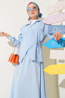 Yanı İp Bağlamalı Etekli İkili Takım Mavi - Thumbnail