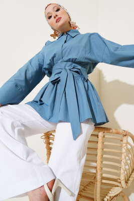 Pazarium - Kuşak Büzgülü Yarım Düğmeli Tunik Indıgo