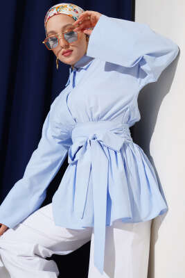 Pazarium - Kuşak Büzgülü Yarım Düğmeli Tunik Mavi