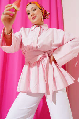 Pazarium - Kuşak Büzgülü Yarım Düğmeli Tunik Pembe