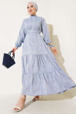 Pazarium - Yaka Ve Kol Ribanalı Elbise Haki Indıgo