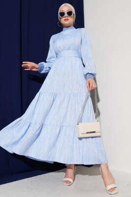 Pazarium - Yaka Ve Kol Ribanalı Elbise Mavi