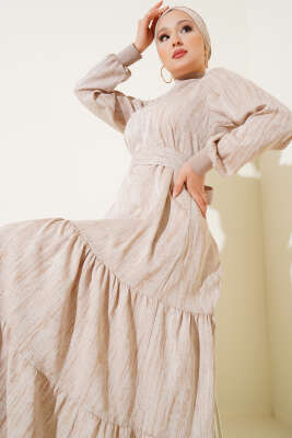 Pazarium - Yaka Ve Kol Ribanalı Elbise Bej