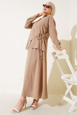 Pazarium - Yanı İp Bağlamalı Etekli İkili Takım Vizon