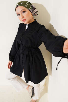 Pazarium - Brit Düğmeli Nervürlü Tunik Siyah
