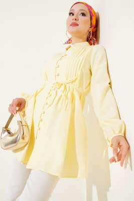 Pazarium - Brit Düğmeli Nervürlü Tunik Sarı