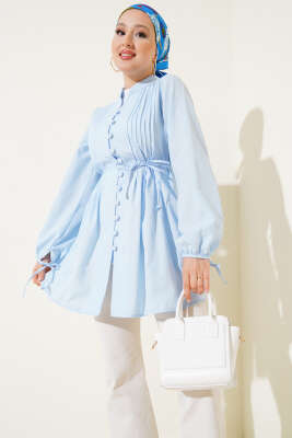 Pazarium - Brit Düğmeli Nervürlü Tunik Bebe Mavi