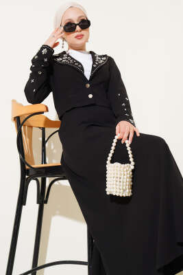 Pazarium - Yaka Kol Taşlı Etekli İkili Takım Siyah