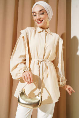Pazarium - İp Kuşaklı Omuz Pelerinli Gömlek Bej