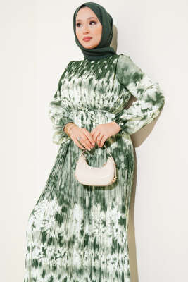 Batik Desen Pileli Kuşaklı Elbise Haki - Thumbnail