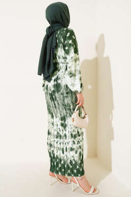 Batik Desen Pileli Kuşaklı Elbise Haki - Thumbnail