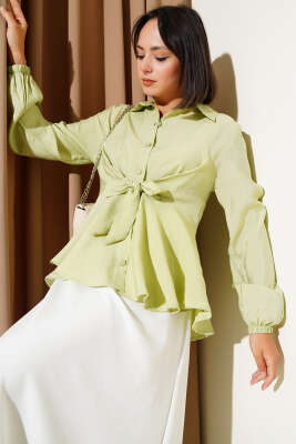 Pazarium - Ön Bağlamalı Kol Lastikli Tunik Su Yeşili