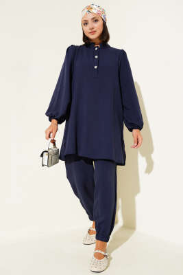 Pazarium - Taş Düğmeli İkili Takım Lacivert