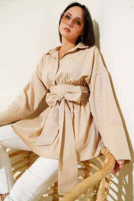 Pazarium - Kendinden Kuşaklı Önü Büzgülü Tunik Latte