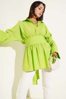 Pazarium - Kendinden Kuşaklı Önü Büzgülü Tunik Yeşil