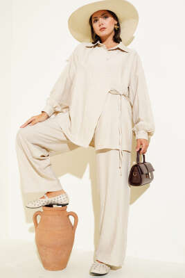 Pazarium - Çapraz Düğmeli Bağlamalı Tunik İkili Takım Bej