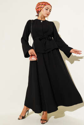 Pazarium - Belden Bağlamalı Etekli İkili Takım Siyah
