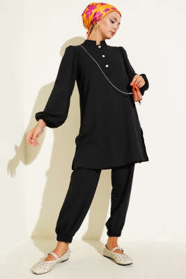Pazarium - Taş Düğmeli İkili Takım Siyah