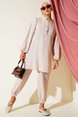 Pazarium - Taş Düğmeli İkili Takım Bej