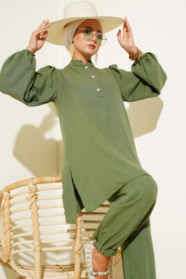 Pazarium - Taş Düğmeli İkili Takım Haki