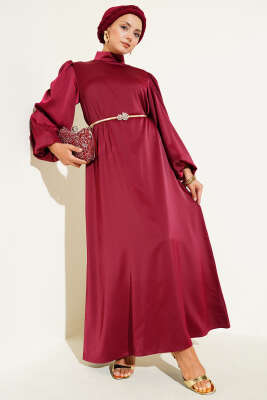 Pazarium - Balon Kol Saten Abiye Bordo