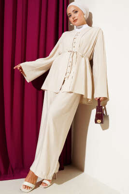 Pazarium - İp Kuşaklı Brit Düğmeli İkili Takım Taş