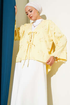 Pazarium - Önü Bağcıklı Püskül Detaylı Kimono Sarı