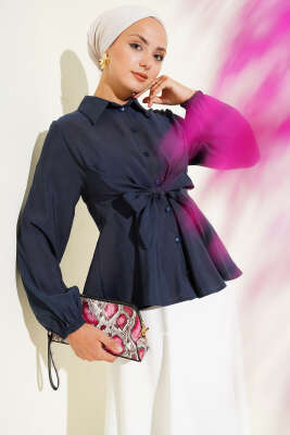 Pazarium - Ön Bağlamalı Kol Lastikli Tunik Lacivert