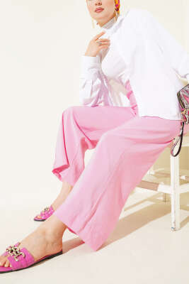 Pazarium - Parlak Görünümlü Kumaş Pantolon Pembe
