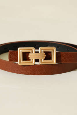 Çift Kare Metal Tokalı Kemer Taba - Thumbnail