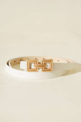 Çift Kare Metal Tokalı Kemer Beyaz - Thumbnail