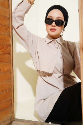 Pazarium - Mini Taşlı Pelerinli Tunik Bej